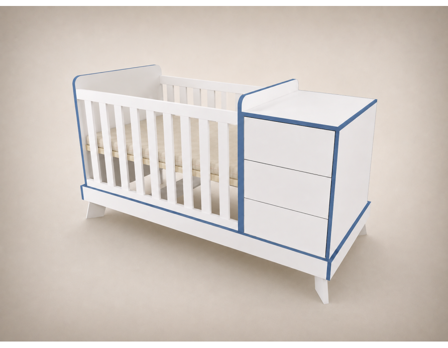 Reni kombi kiságy 120x60-as Fehér színben, kék élzárással Reni kombi kiságy 120x60-as Fehér színben, kék élzárással